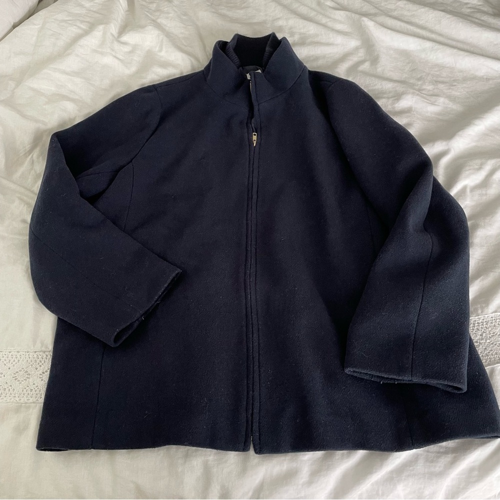 J Crew Sz 24 Village Coat Full Zip Wool Blend Pockets Mock Neck Navy Blue Women